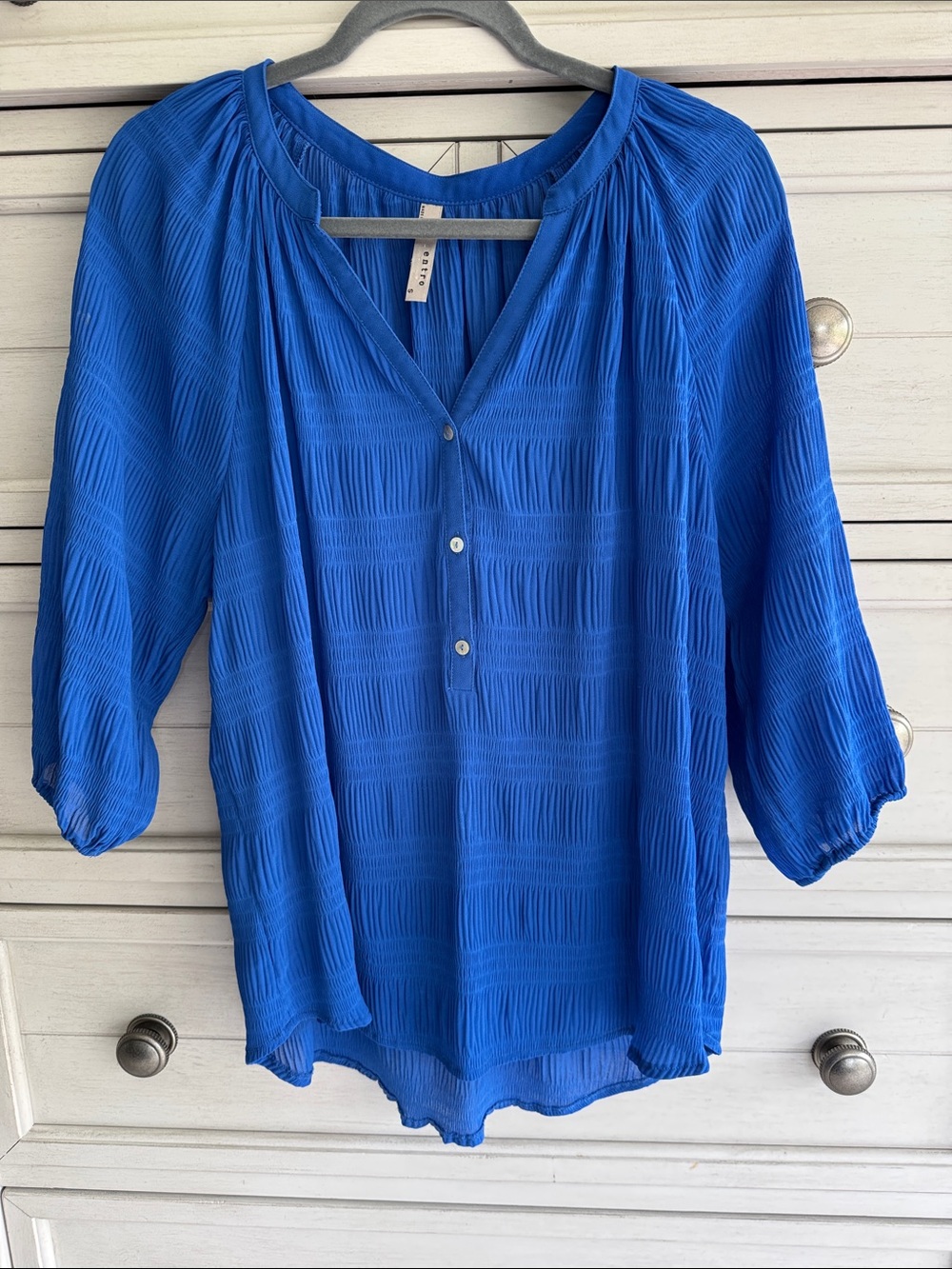 Cobalt Blue V-Neck Button-Front Textured Blouse SZ Small